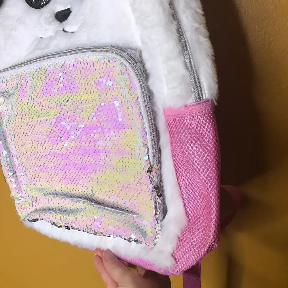 Sequin Bear Fuzzy Pink Backpack, New!